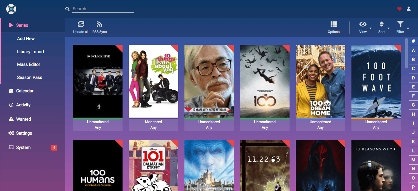 Sonarr interface with hotline theme showing bright pink and dark styling